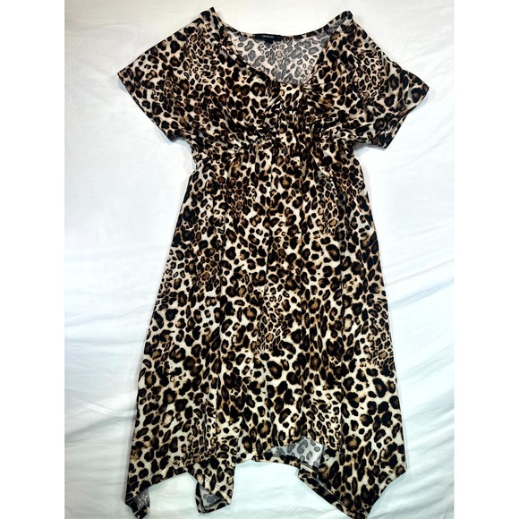 Front Row Dresses & Skirts - Espresso Dress Women Large Multicolor Leopard Print Handkerchief Hem Front Twist